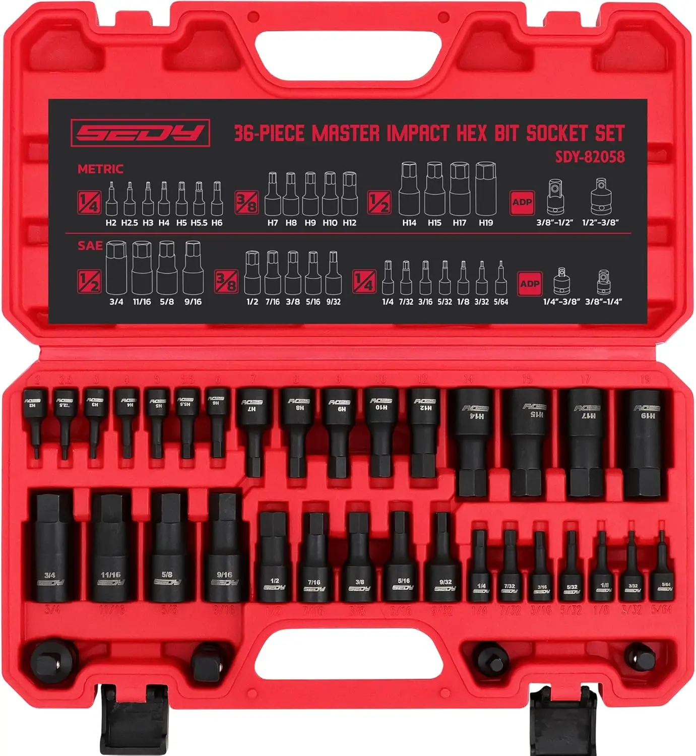 Hex Bit Set: 3 with 4, 1/4" 3/8" 1/2" Drive Set, SAE and Metric, H5-H19 & 3/4"-5/64", Duty Case, Automotive Mechanic