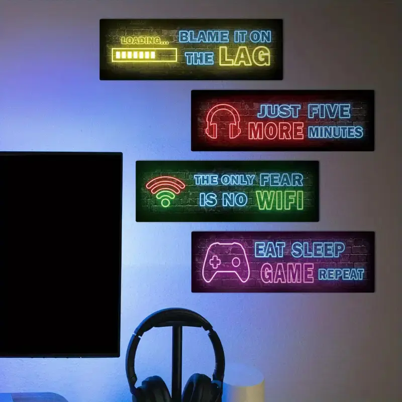 Game Console Themed Wooden Wall Art, Unframed Wall Art, Art Work for Wall Decor, 4 Counts/set Neon Sign Game Console Pattern Wall Decor, Wall Art Decor for Home Living Room Bedroom, Ornaments, Wall Decoration, Unframed Art Print, Decoration Items
