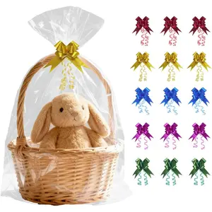 13-Pack 30x40 Inch Clear Cellophane Bags with 15 Colorful Pull Bows, Large Cellophane Wrap for  Baskets,  Showers, , and Charity Auctions