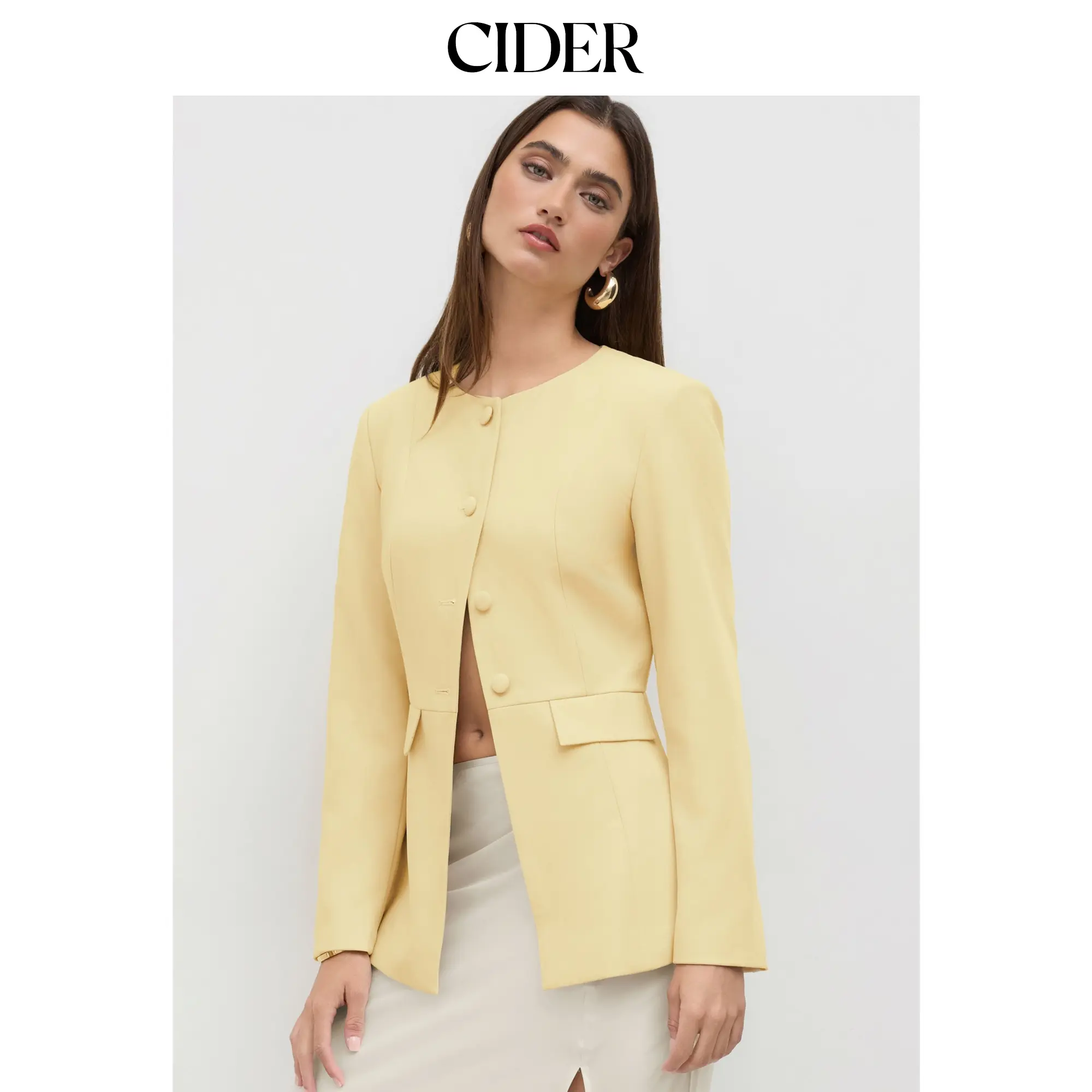 Cider Round Neckline Button Up Split Blazer