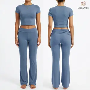 Moda Vibe Women's 2 Piece Lounge Outfits - Slim Short Sleeve Tops, Low Rise Flare Leggings, Premium Viscose Spandex Blend 2 Piece Sets for Yoga