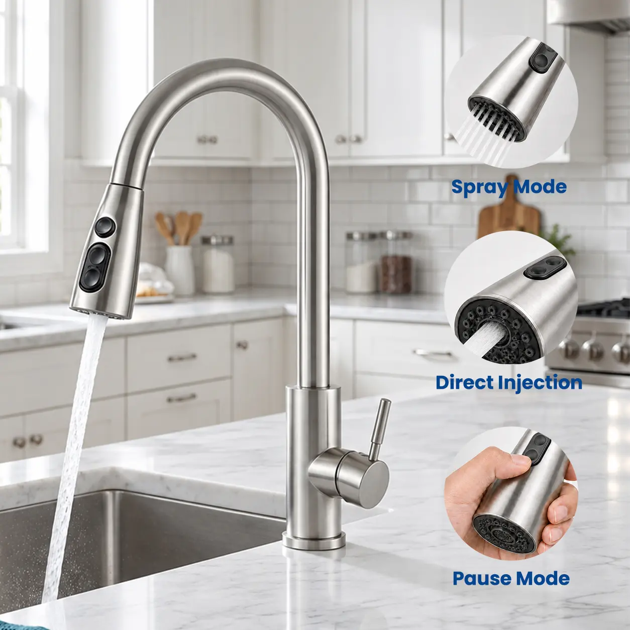 Brushed Nickel Modern Kitchen Faucet - Pull-Down Sprayer, High Arc Gooseneck Shape, Single Handle, 360° Swivel Spout, 3 Spray Modes, Indoor Home Improvement Kitchen Fixture