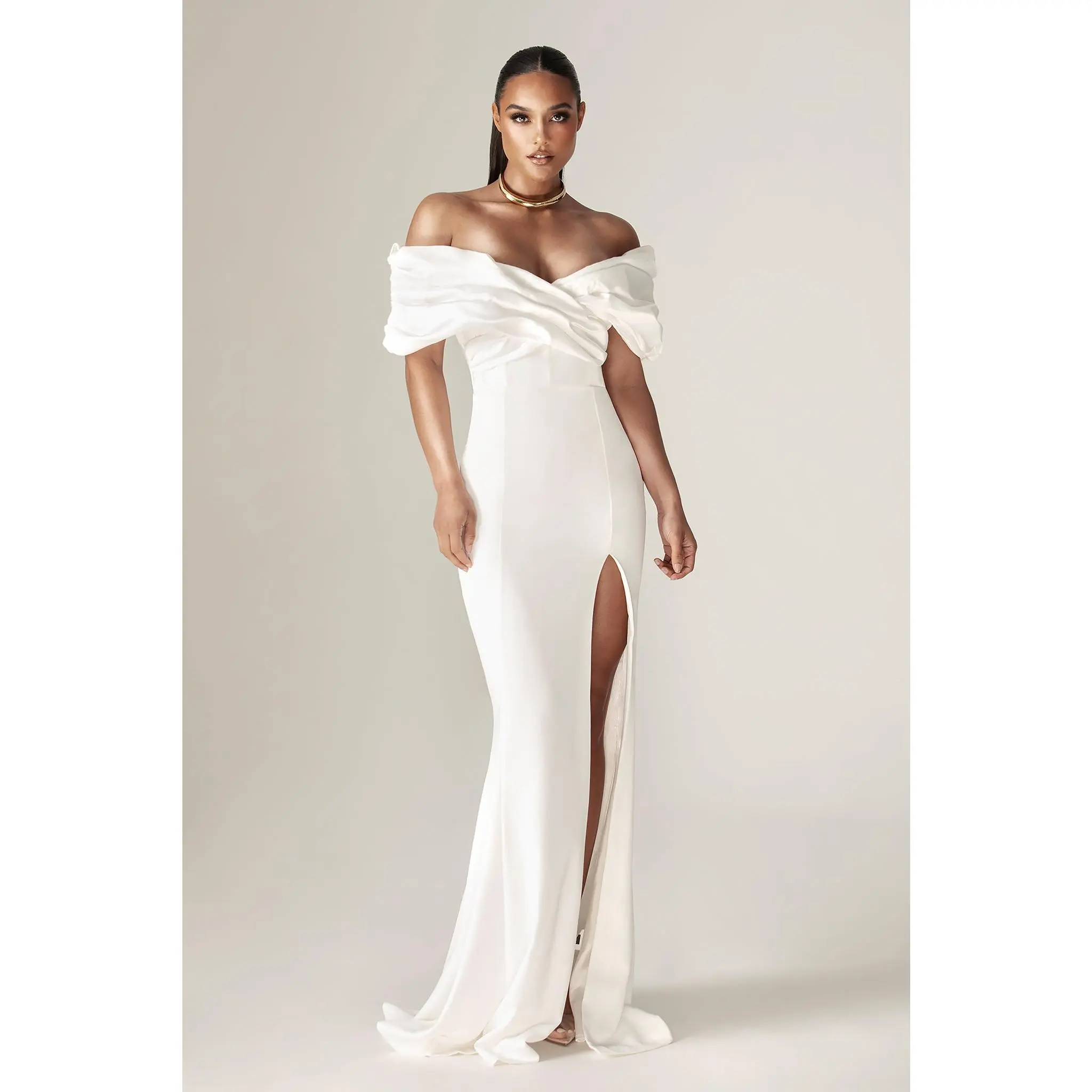 Presley Crepe Ruffle Shoulder Gown Dress - Off White | Off Shoulder Corset Maxi Dress with Front Slit Design - Feminine Gorgeous Outfit for Wedding, Date Night, Evening & Formal Wear - Womenswear Clothing Fashion