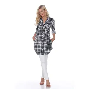 Light Women's Modest Islamic Stretchy Plaid Yarn Tunic Top, White Mark 17556-02-L, White & Black, Large, Casual