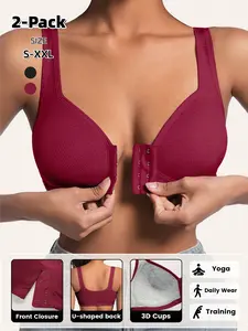 Women's Front Buckle Push-Up Bra, Seamless Wire-Free Design, Soft Breathable Ribbed Fabric, Casual All-Season Comfort, 2/4/6 Pack