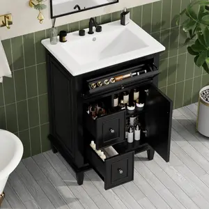 24" Bathroom Vanity with Sink, Bathroom Vanity Cabinet with One Flip Drawer and Two Drawers, Adjustable Shelf, Solid Wood and MDF, Black