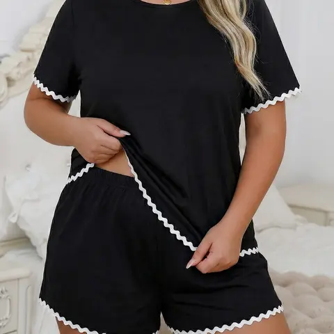 Plus Size Women's Knitted Pajama Set Loungewear, Pure Color Lace Design Short Sleeve Top and Shorts, Casual Loose-Fitting Sleepwear for All Seasons