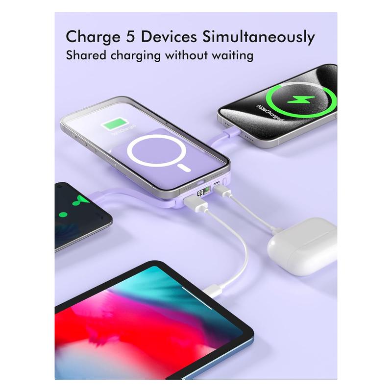 Podoru Multifunctional 10000mAh Power Bank, Wireless Magnetic Travel Charger Built-in USB C Lighting Cable, MagSafe for iPhone 17/16/15/14/13/12 Series