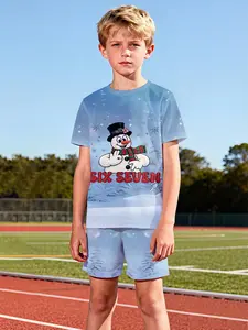 Olaf two-piece short-sleeve shorts set with victory gesture, 100% polyester casual loose-fit set, summer fun printed pattern, outdoor sports T-shirt set, perfect gift for boys