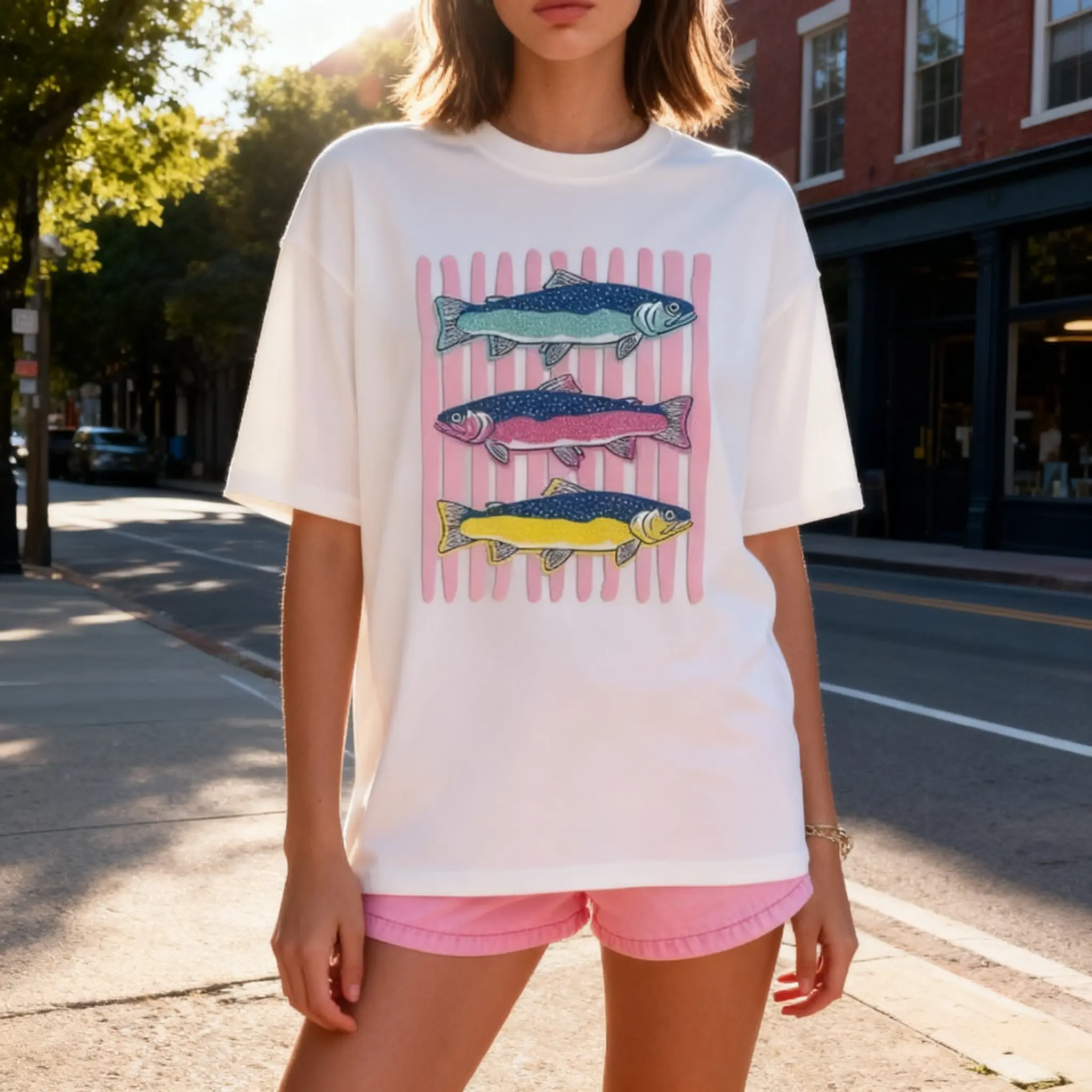 Unisex Vintage Classic Casual Salmon Fish Art Print Colorful Short-Sleeve T-Shirt - Streetwear Top for Retro Matching, Summer Workout Fit, Tshirt, Shortsleeve