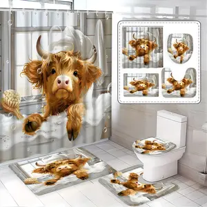 Cute Cow Design Bathroom Set, Includes Bath Mat, Toilet Cover, U-Shaped Pad, Elegant Home Decor, Perfect Gift for Friends and Family