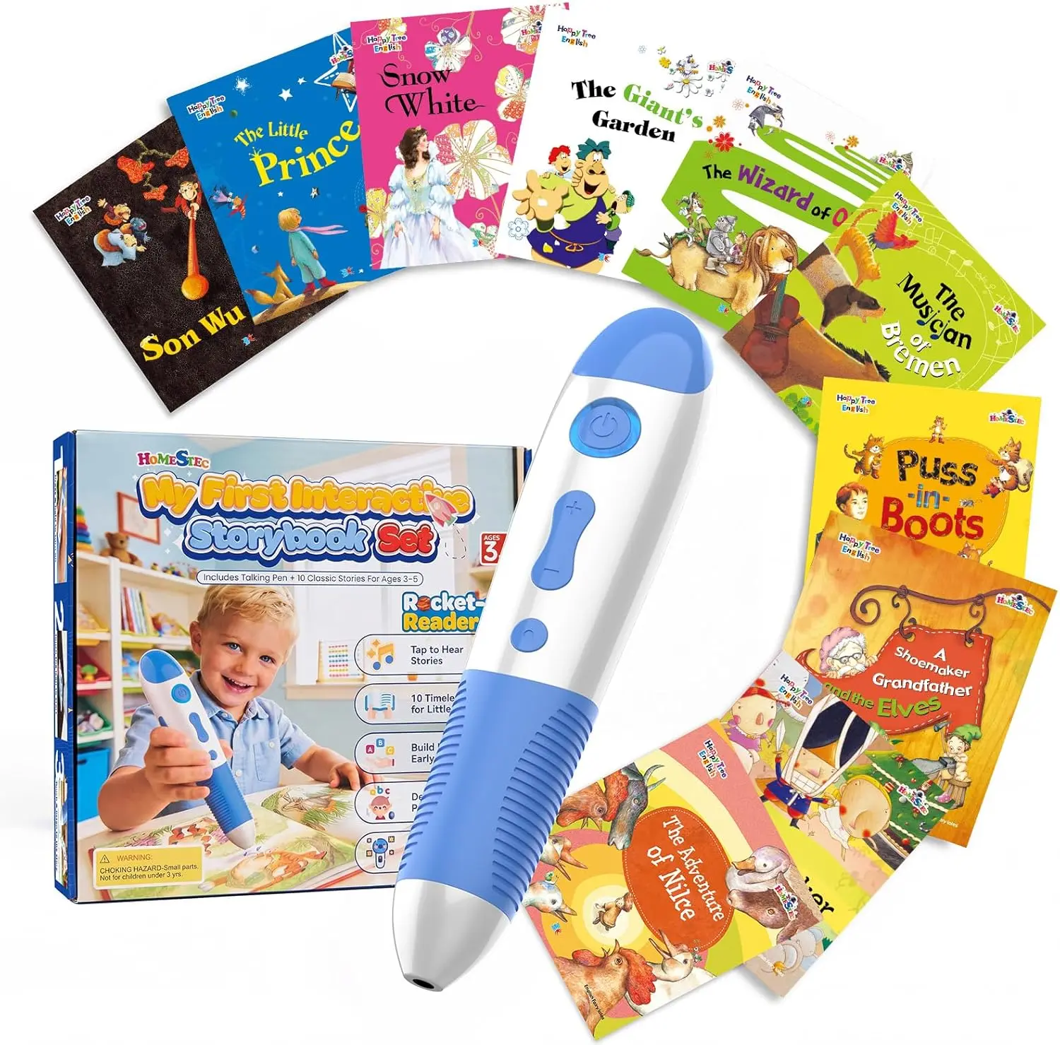 HOMESTEC Interactive Audio Story Pen, with 10 Storybooks for Kids Ages 3–5 Tap to Listen Storybooks Screen-Free Learning Toy USB-C Rechargeable