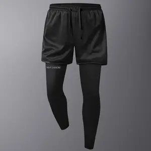 Men’s summer athletic shorts paired with compression pants, breathable mesh fabric, phone pocket design, suitable for outdoor running, workouts, and gym use, polyester fiber#SummerVibes