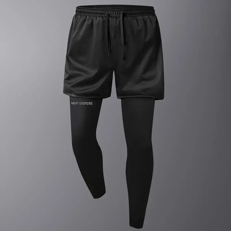 Men’s summer athletic shorts paired with compression pants, breathable mesh fabric, phone pocket design, suitable for outdoor running, workouts, and gym use, polyester fiber#SummerVibes