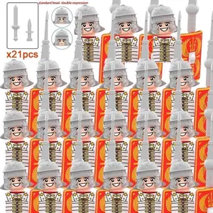 Medieval Military Rome Castle Figures Set Roman Soldiers Infantry Head Movable Trumper Weapons Shield Building Blocks Bricks Toy