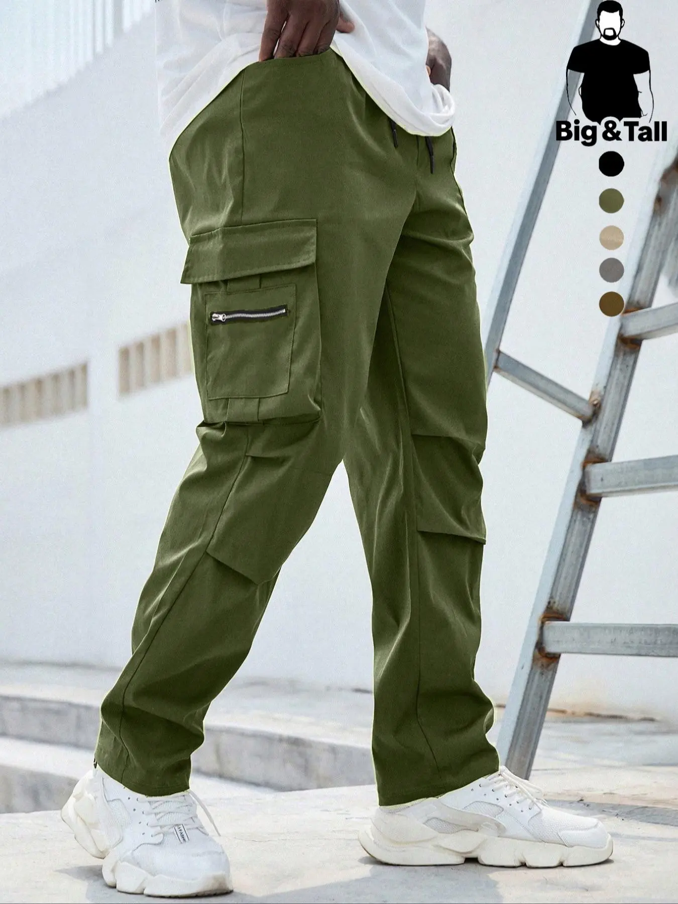 Men's Plus Size Plain Drawstring Waist Cargo Pants, Casual Cargo Style, Casual Comfy Trouser, Casual Pocket Design Trousers for Daily Wear, Streetwear Men's Bottoms for All Seasons