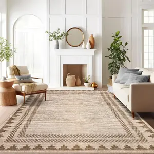 Garvee Area Rug 9x12 Modern Solid Rug with Non Slip TPR Backing, Unique Bordered Neutral Washable Carpet, Soft Stain-Resistant Floor Covering, Non Shedding Low Pile Neutral Mat for Open Spaces Office, Tan