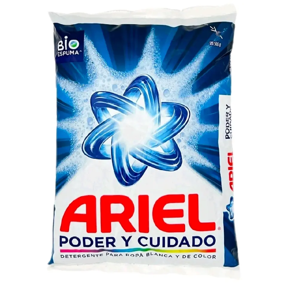 2 Bolsas de Ariel Poder y Cuidado Detergente para ropa Blanca y de Color 500g - Tackles Tough Stains  ,Grime and grease Effortlessly but gentle on all Household surfaces