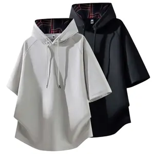 Men’s vintage hooded short-sleeve T-shirt for summer, lightweight loose casual fit, mid-length sleeves, trendy brand, plaid inner lining, patchwork design, niche style. #Summervibes