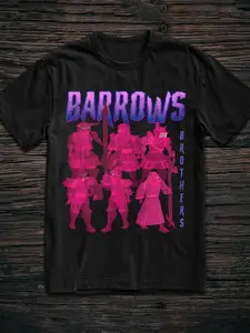 Barrows Brothers Game Character Print T-Shirt, Vintage Gaming Style Casual Short Sleeve Top, Geometric Pattern, Fitted Long Clothing