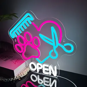 Pet Shop Open Neon Sign, USB Powered Dimmable LED Paw Neon Light, for Pet Shop Business Sign Pet Spa Pet Salon Animal Clinic Wall Decor Pet Grooming and Welcome Signs Animal(13.3 * 12.2 in)