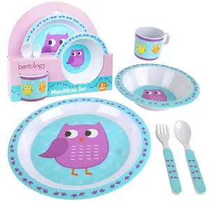 Bentology 5 Pc Mealtime Baby Feeding Set for Kids and Toddlers - Includes Plate, Bowl, Cup, Fork and Spoon Utensil Flatware - Dishwasher Safe - Owl
