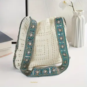 Handmade Crochet Grid Shoulder Bag, Embroidered Strap Casual Tote Purses for Women, Summer Daily Beach Bag for Sports & Outdoor Camping Hiking