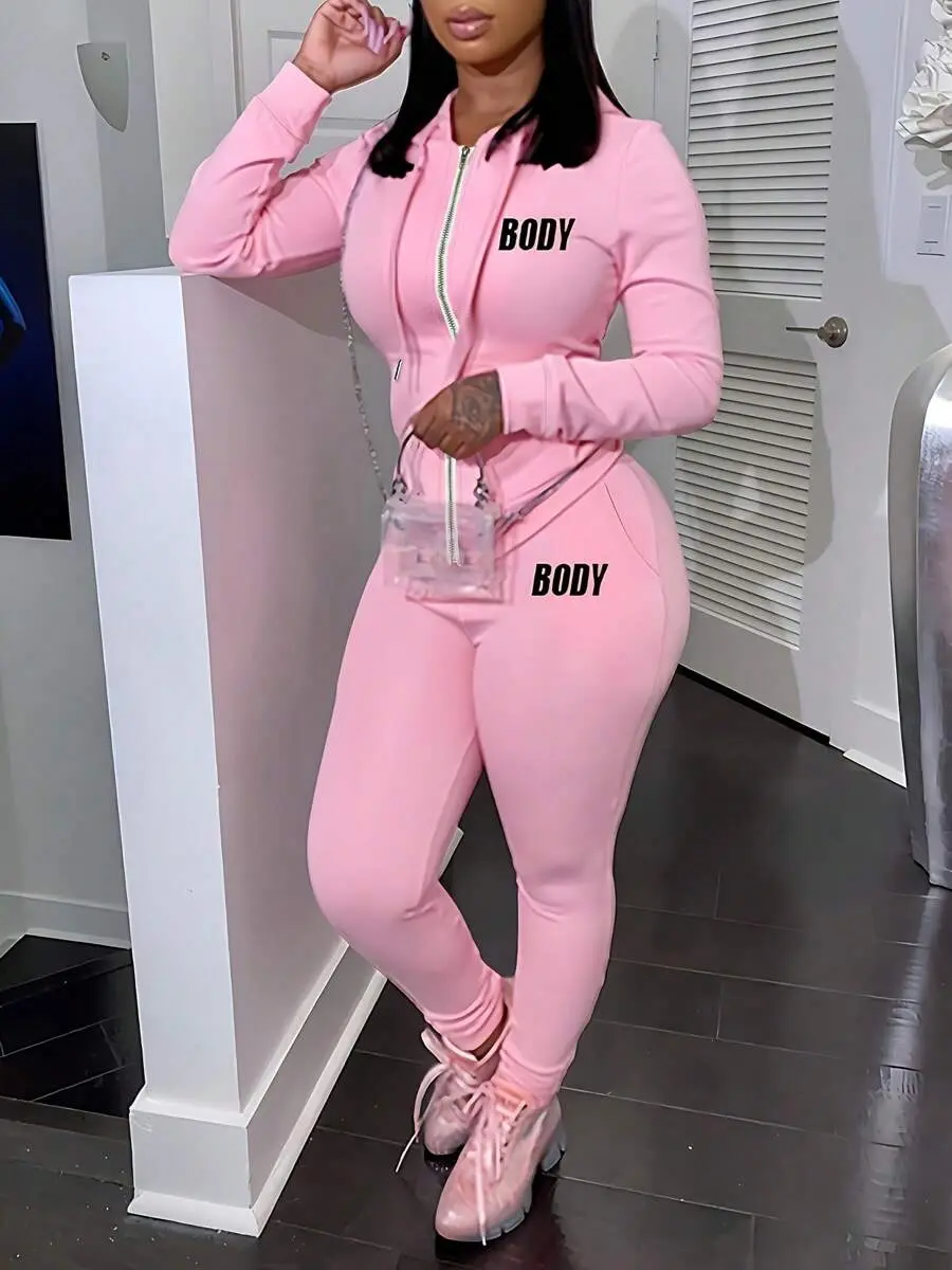 Women Summer Sexy Print Zip Up Hooded Jacket Slim Sweatpants Two Piece Tracksuit Solid Black Stretch Slim Party Cocktail New Year And Valentine