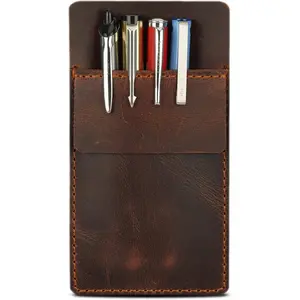 Pocket Protector for Men, Full Grain Heavy Duty Leather Pen Holder for Shirts Lab Coats, Holds Pens Pointers Cards Brown