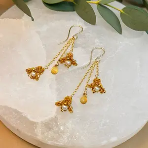 Gold Filled Amber Delicate Flower and Citrine Drop Earrings