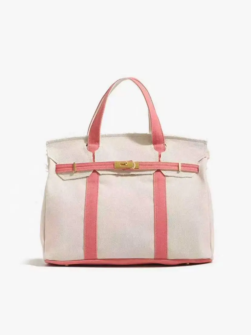 High-Capacity Casual Canvas Gym Tote Bag - Cotton, Green Straps, Comfortable, Lightweight, Laptop-Fit for Everyday Carry