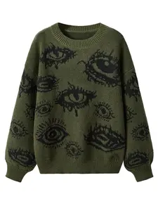 Men's Eye Print Drop Shoulder Sweater, Loose Casual Long Sleeve Round Neck Jumper for Fall & Winter, Fashion Men's Knitwear for Daily Wear