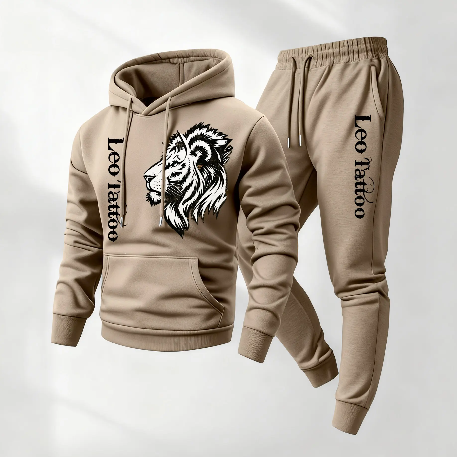 Men's Lion Print 2-Piece Hoodie & Drawstring Track Pants Set - Streetwear Tracksuit, Athletic Activewear Tracksuits, Breathable Activewear, Long-Sleeved Hooded Casual Winter Autumn Everyday Indoor Outdoor Wear