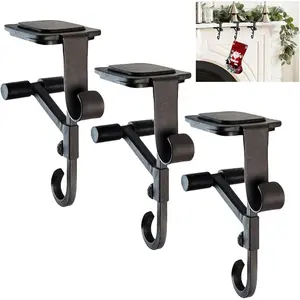ATRGDUEFireplace Stocking and Garland Hanger with Two Hooks,Adjustable Mantle Holder- Hold Christmas Decoration and Hang Garland-No Drill,Durable Wrought Iron Holds Up to 20 lbs (3Pcs,Black)