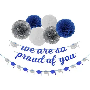 Navy Blue White Silver Graduation Party Decoration Banner 8pcs Kits Cap Garland Streamers Paper Tissue Pom Poms Flowers We are So Proud of You Congratulations Grad 2026 Decor Lasting Surprise