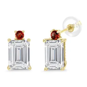 4.18 Cttw 10K Yellow Gold IGI Certified Lab Grown Diamond and Red Garnet Earrings | Emerald Cut Diamonds Each 2 Ct | E-F Color | VS1-VS2 Clarity | Gold Earrings for Women