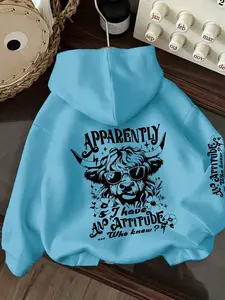 Autumn Winter New Hooded Fleece Lined Loose Fit Sweatshirt Jacket, Funny Western Cow Letter Print, Kangaroo Pocket Design