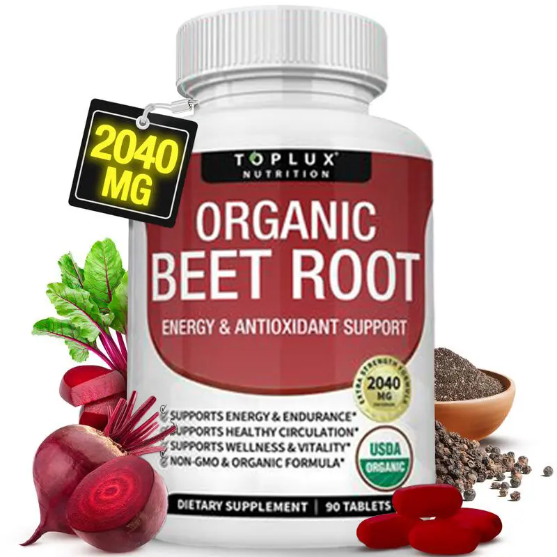 Toplux Organic Beet Root Powder Tablets - 2040mg Natural Nitric Oxide Beets to Support, Energy, Black Pepper Better Absorption, Non-GMO, for Men Women, 90 Tablets