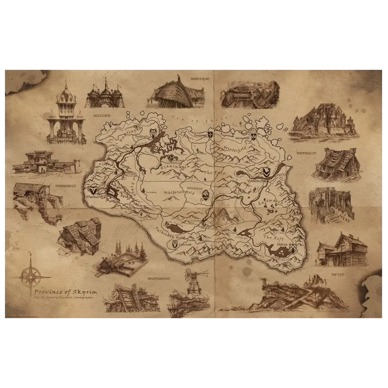 The Elder Scrolls V Skyrim - Illustrated Map Game Poster, Skyrim Map The Elder Scrolls Video Game Posters