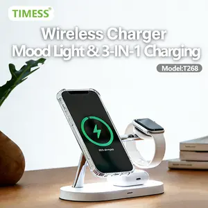 3 in 1 Wireless Charger, Multifunctional Wireless Charger with 3-level LED Light, Desktop Charging Station for iPhone iWatch AirPods, Smart Charging Dock, Electronic