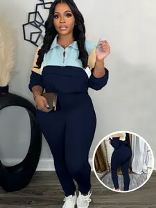 USBoutique Chic Women's Two Piece Outfits Knit Zip Top Jacket & Elastic Waistband Pant Tracksuit Sets 2-piece Pink Blue Colorblock
