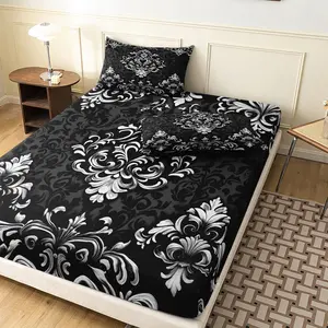 3pcs Set Black White Floral Digital Printed Fitted Sheet, for Home Bedroom Dormitory and Hotel Use (1 Fitted Sheet + 2 Pillowcases No Comforter No Pillow)