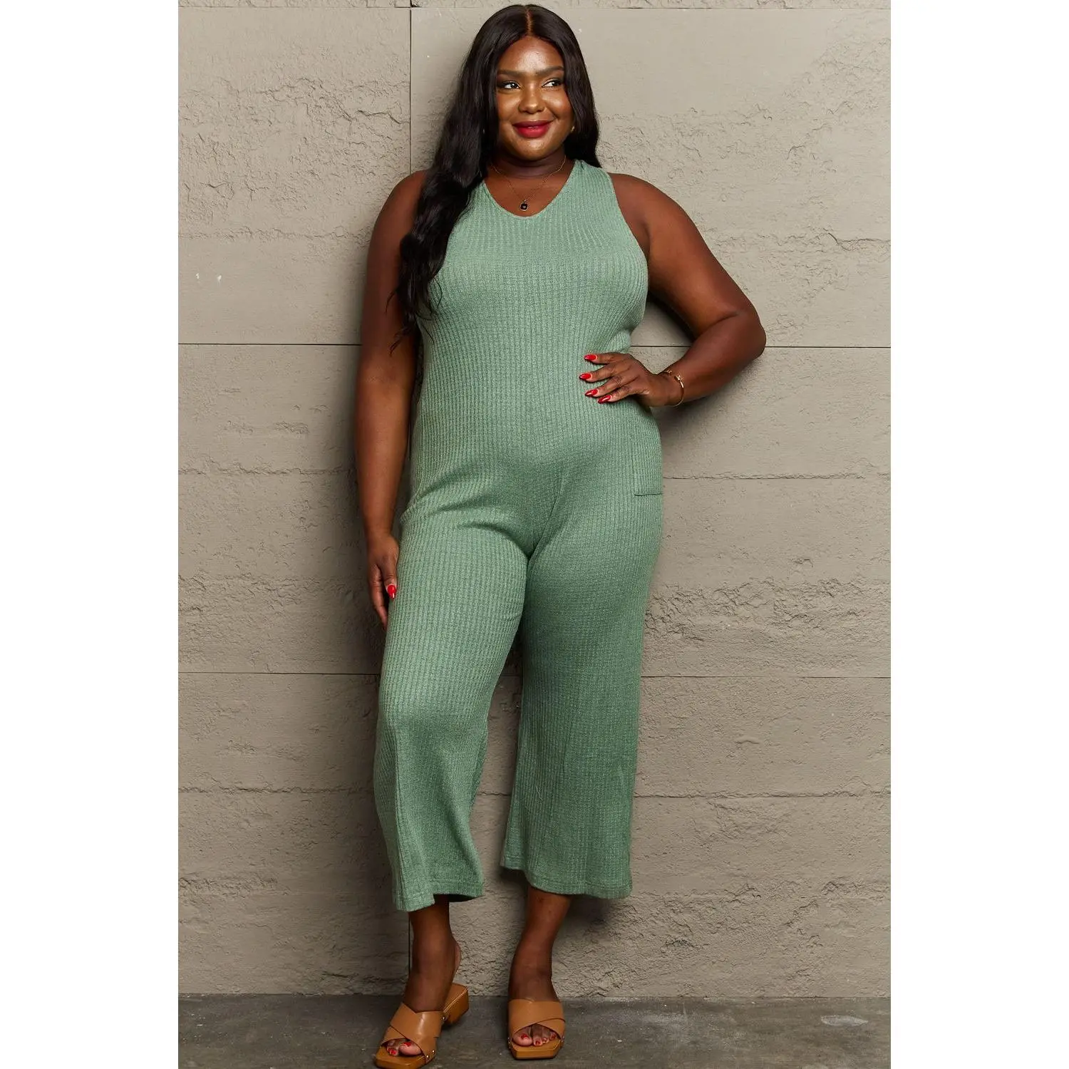 Women's Rib Knit Overalls - Casual V-Neck Multiway Jumpsuit, Rayon-Nylon Blend, 1XL-3XL Sizes, Moderate Stretch, Solid Long Length with Pockets
