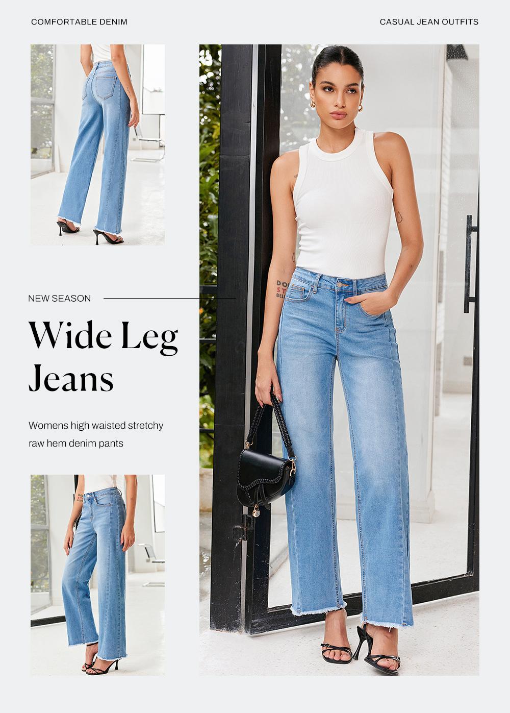 Sidefeel Women's Wide Leg Jeans High Waisted Stretchy Raw Hem Zimbaplatinum Denim Pants