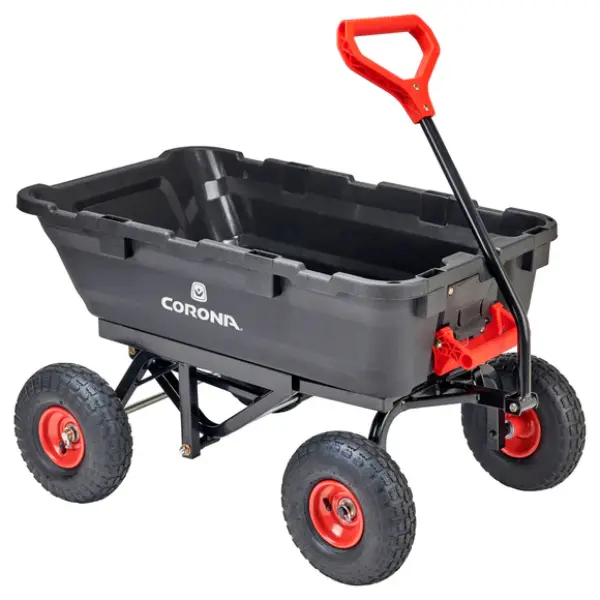Corona Clipper CR 1000 Poly Garden Dump Cart for Gardening, 4-cu ft Capacity, 400 Lb Load Limit, 10-in Pneumatic Tires, Quick-Release Dumping Mechanism