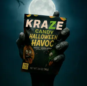 KRAZE Candy Halloween Havoc 1-Pack Flavored Sour Belts Mango & Green Apple Super Sour Snack Vegetarian Chewy Tangy Vegan Bonbon 3.4 oz