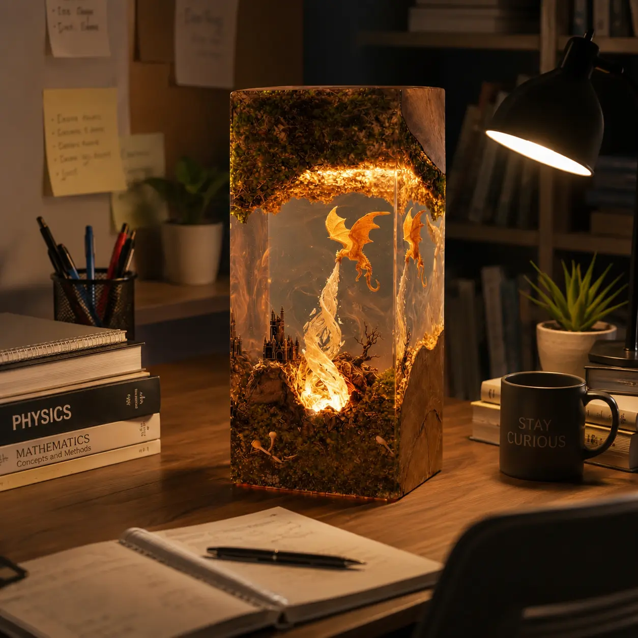 Golden Dragon Resin Lamp, Handmade Fantasy Resin Art, Enchanted Forest and Castle Diorama, Epoxy Resin Decorative Lamp, Wooden Base Home Decor, Dragon Sculpture, Fantasy Desk Decoration, Collectible Artwork, Gift for Dragon Lovers