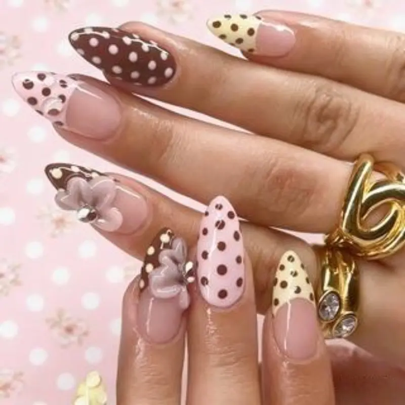 Pink & brown contrast vintage classic polka dot French press-on nails, minimalist gentle American old school classic nail tips, lolita style removable false nails with jelly glue and nail file, Glossy fake nails, Nail Art Supplies