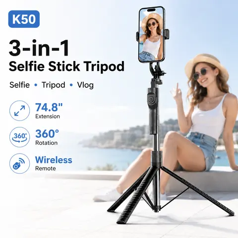 Qawtor 74.8in Portable Extendable Adjustable Selfie Stick-Tripod Stand - 360° Rotatable, Wireless Bluetooth, 10m Remote Control, Detachable Base, Button-Operated, Easy Setup, Smartphone Accessory for Vlogging, Landscape Recording