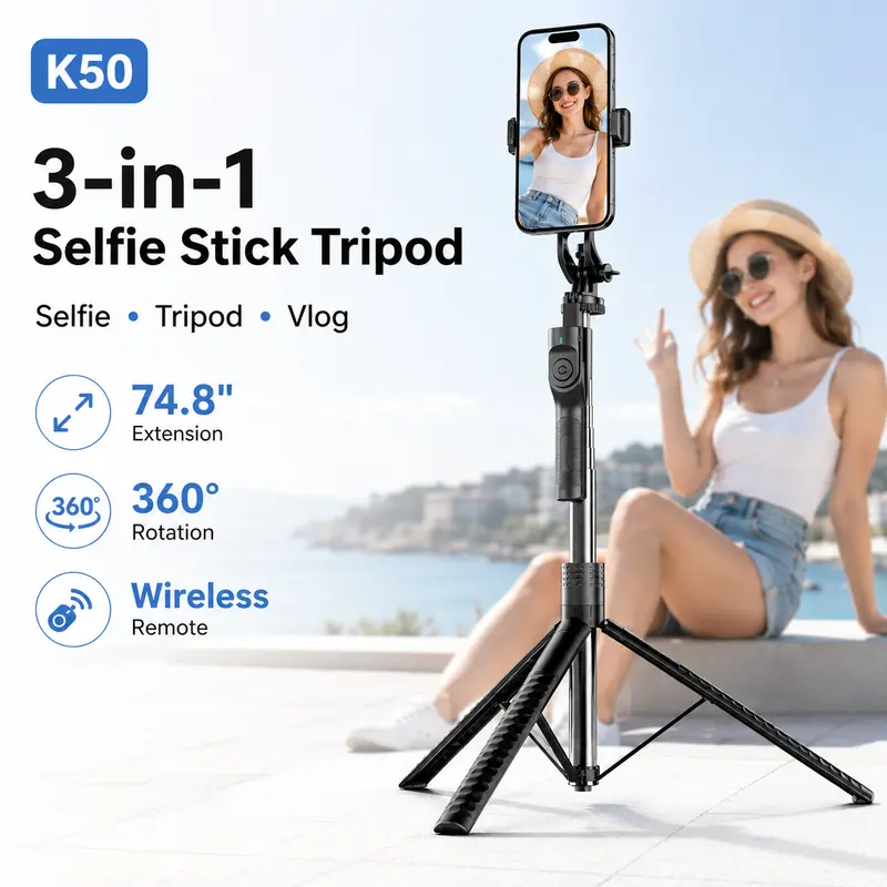 Qawtor 74.8in Portable Extendable Adjustable Selfie Stick-Tripod Stand - 360° Rotatable, Wireless Bluetooth, 10m Remote Control, Detachable Base, Button-Operated, Easy Setup, Smartphone Accessory for Vlogging, Landscape Recording
